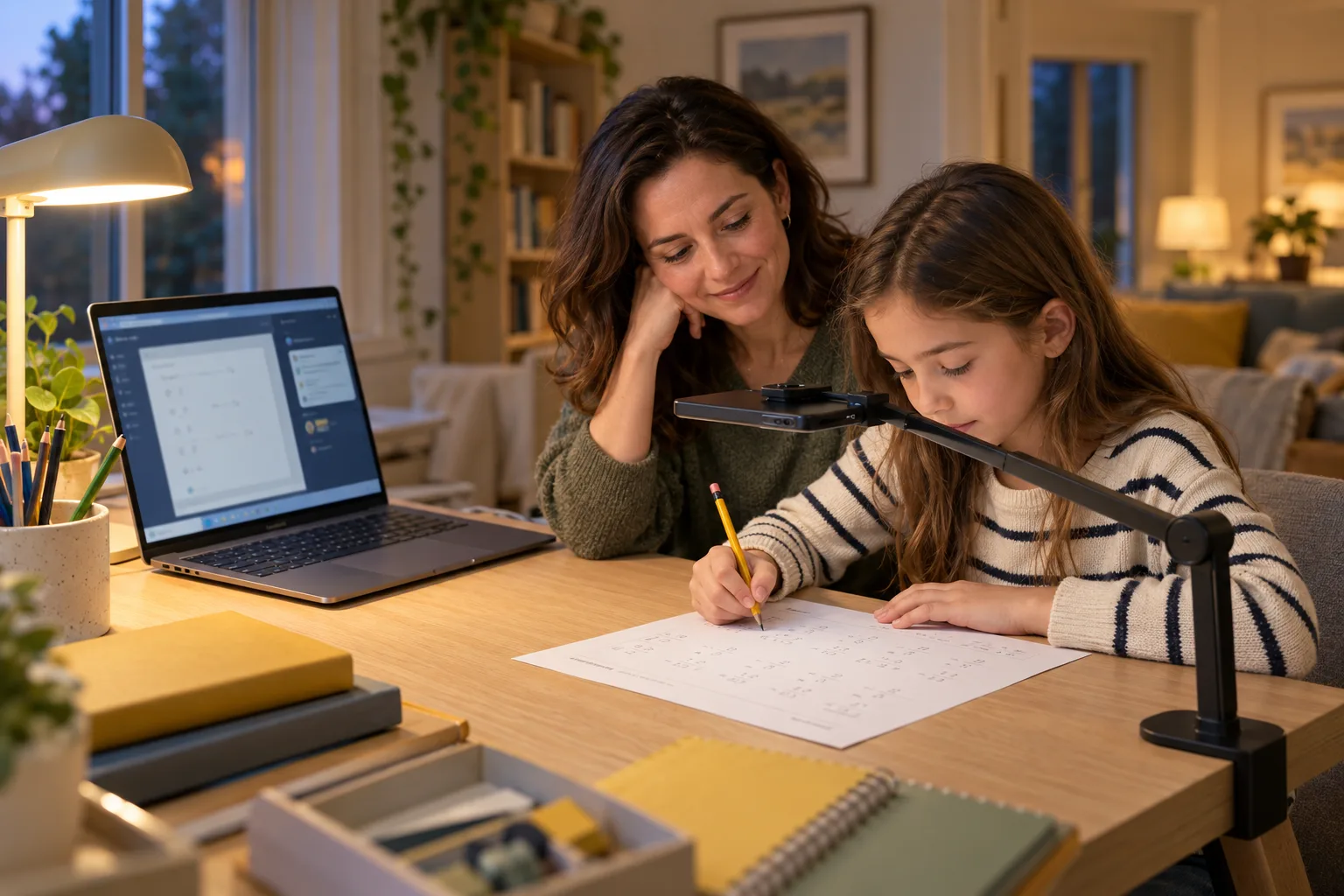 A child writes on her worksheet beside a parent, with a laptop and a phone camera above the paper.