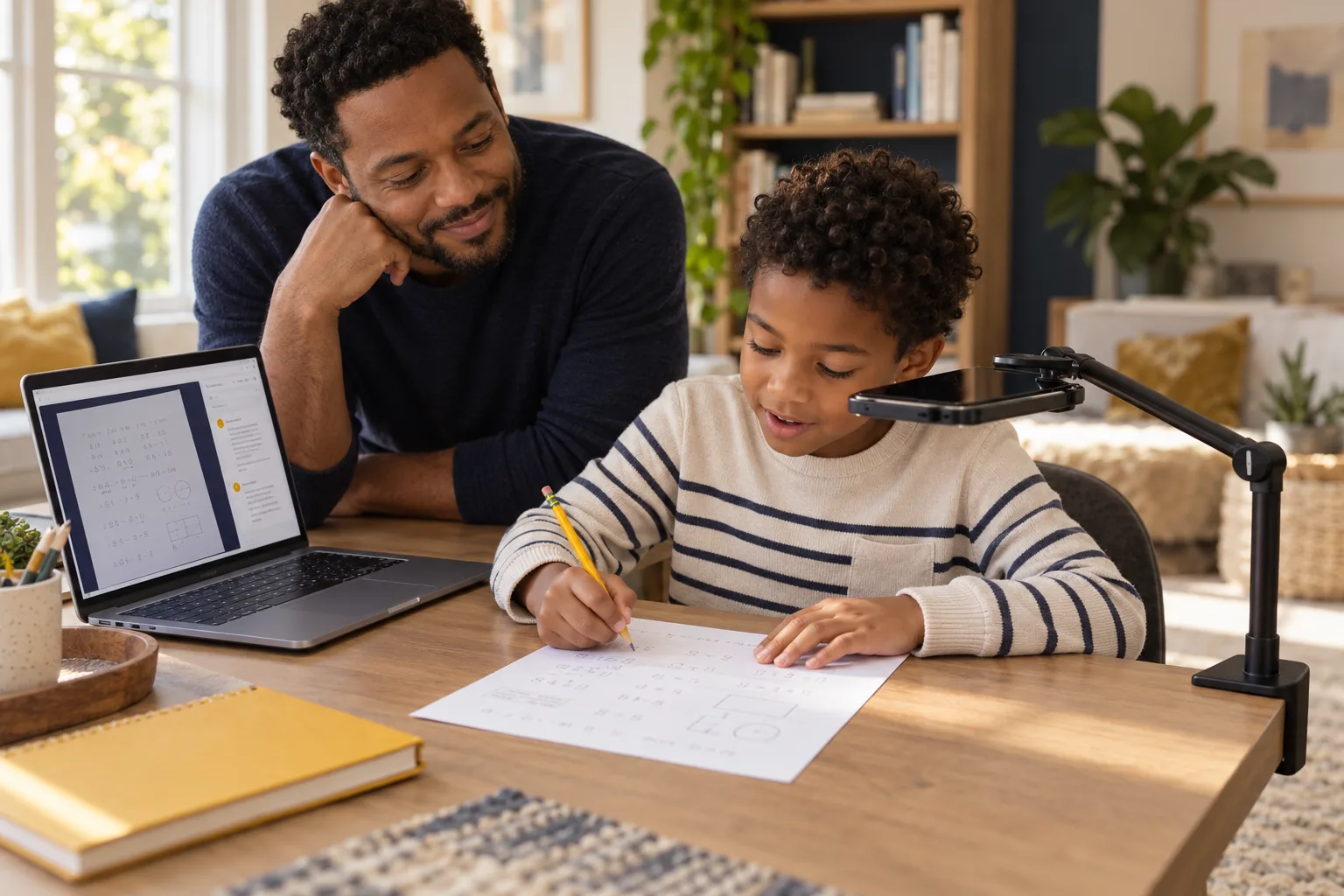 A parent checks in while his child works on a worksheet with a laptop and an overhead phone camera.