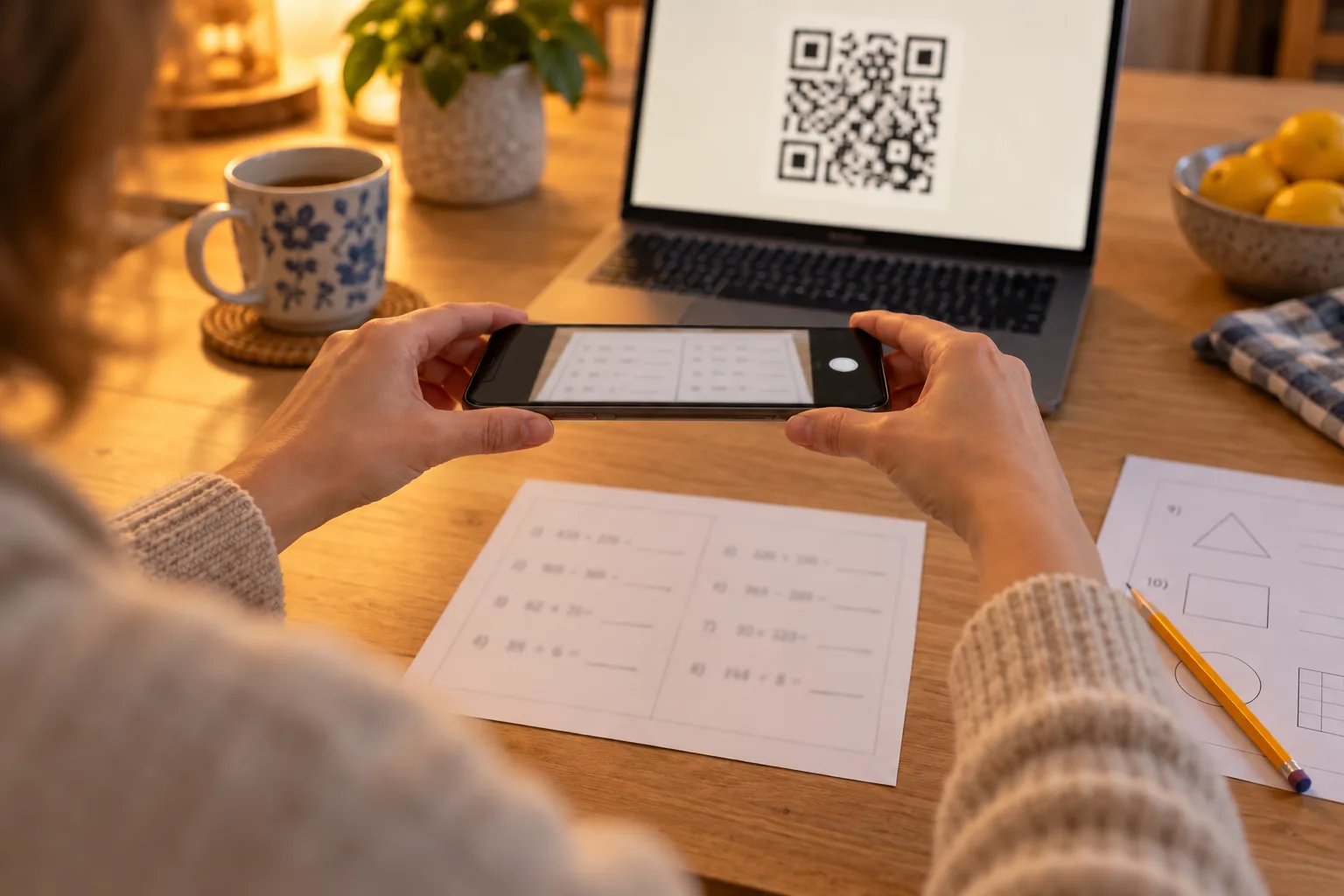 A parent holds a phone over a math worksheet to photograph it, with a code on the laptop behind.