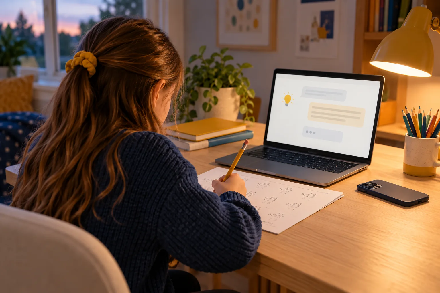 A girl writes on her division worksheet at a desk while talking with Lux on a laptop.